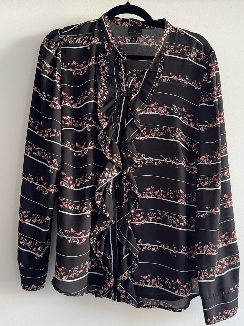 Worthington Black Floral Ruffle-Front Blouse